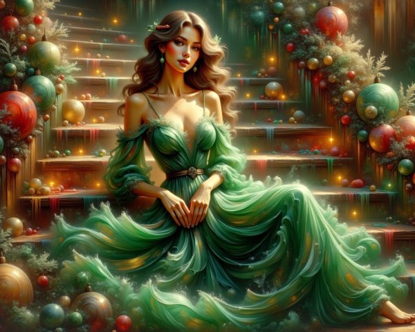 Elegant Woman in Green Gown on Ornate Stairway