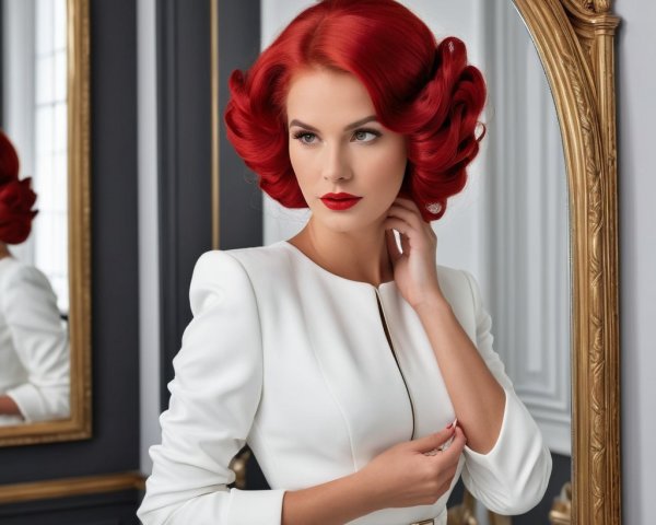Elegant Woman with Red Curls in Stylish Outfit
