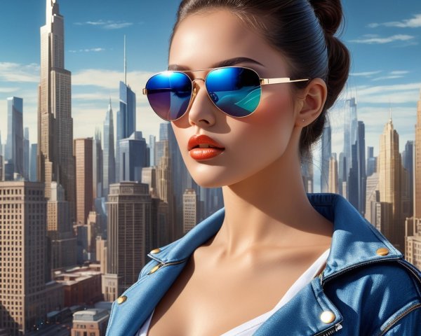 Young Woman in Denim Jacket Against City Skyline