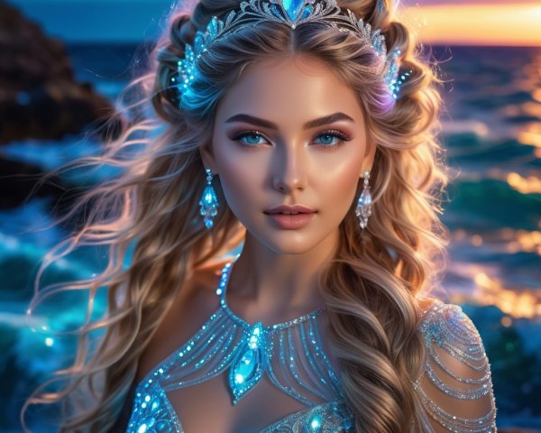 Elegant woman in jeweled tiara and sparkling gown