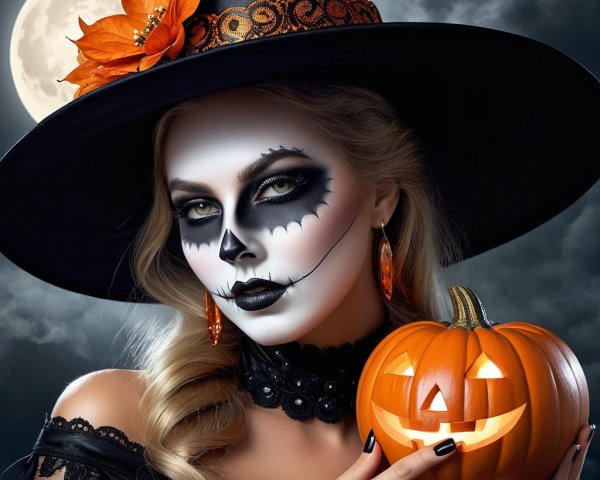 Witch with Skull Makeup and Pumpkin Under Full Moon