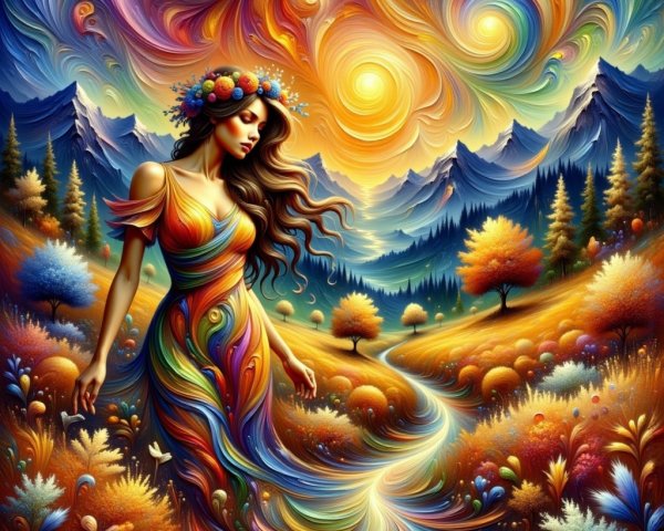 Psychedelic Painting of Woman in Colorful Landscape