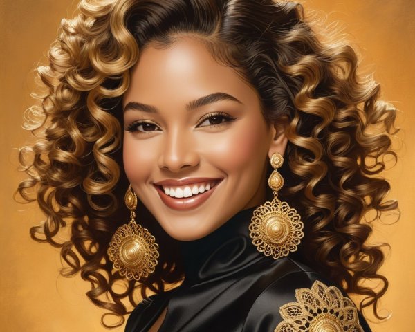 Radiant Young Woman in Elegant Black Attire and Gold