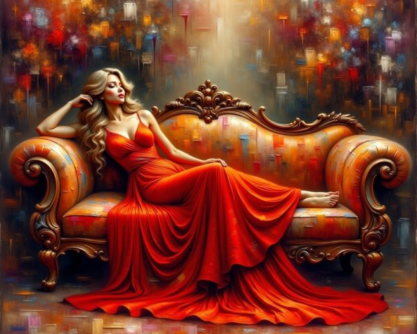 Impressionistic Digital Artwork of Woman in Red Gown