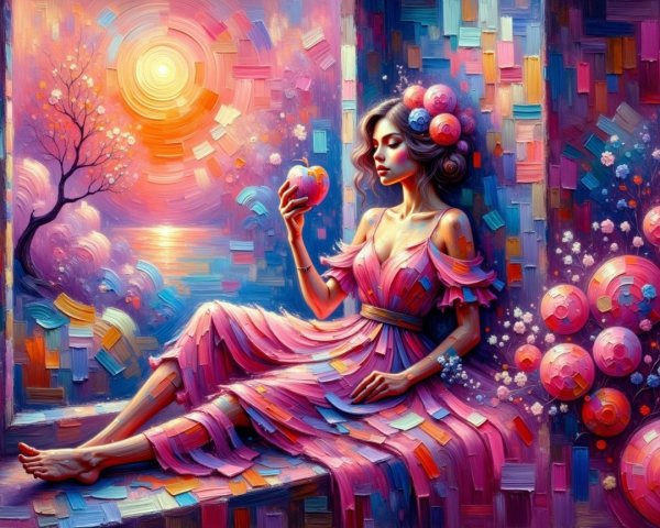 Serene Woman in Vibrant Abstract Landscape with Orb
