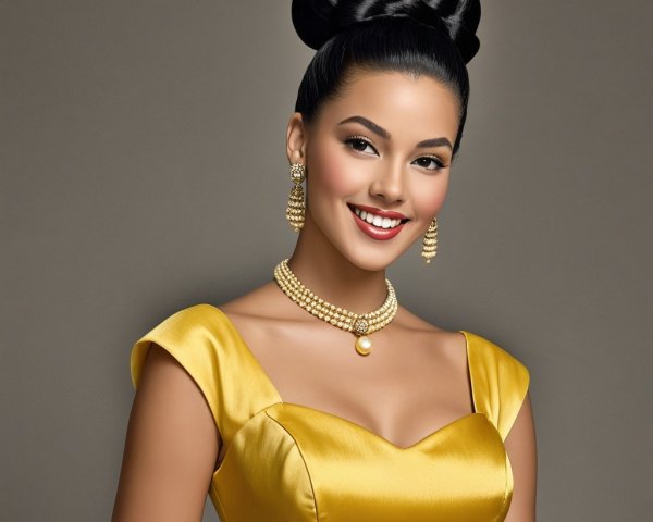Woman in Yellow Satin Gown with Pearl Jewelry
