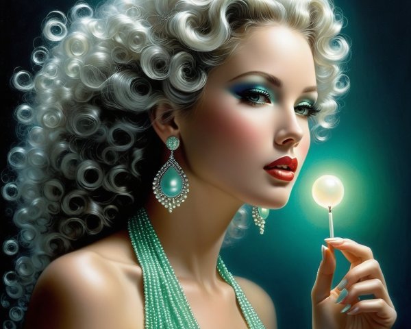 Glamorous Woman in Green Gown with Lollipop and Jewelry