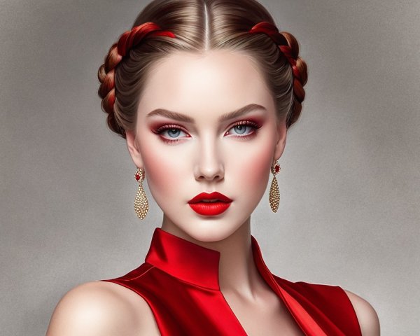 Elegant Portrait of a Woman with Braided Hair and Red Accents