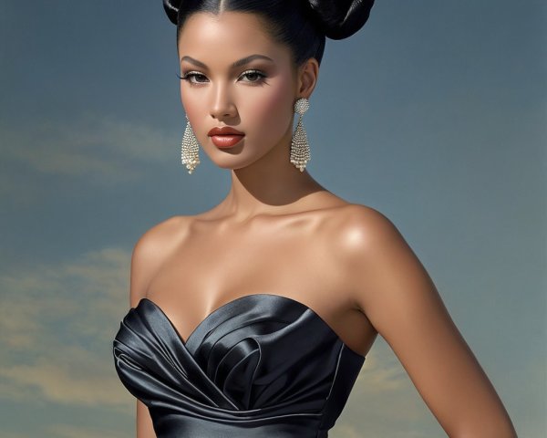 Elegant woman in black gown with glamorous styling