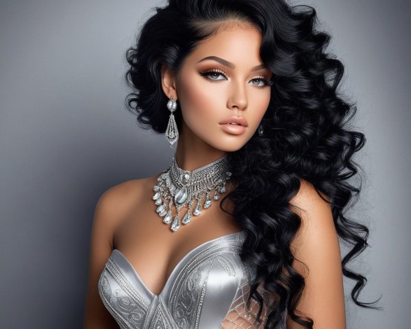 Elegant Woman in Silver Gown with Wavy Black Hair