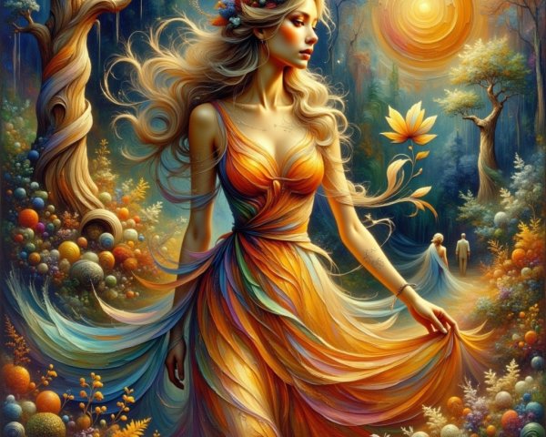 Woman in Colorful Dress in Enchanted Forest Setting