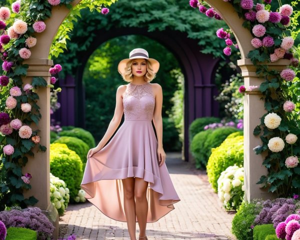 Woman in Lavender Dress in Flower-Adorned Garden