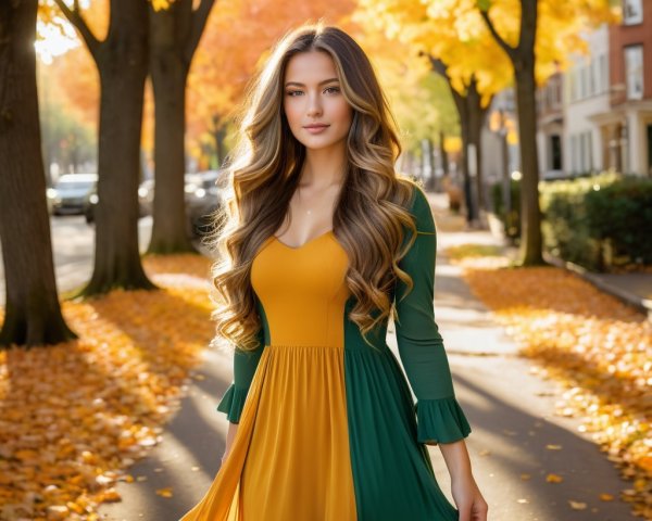 Young woman in autumn dress on tree-lined street