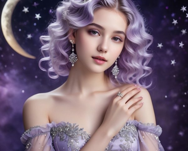 Young woman with lavender hair in elegant gown