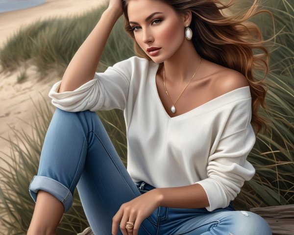 Woman in White Sweater on Sandy Beach with Ocean View