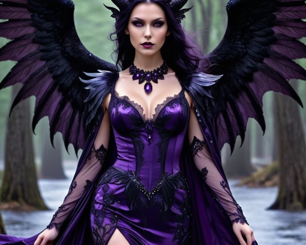 Misty Forest Figure in Purple Gown with Wings