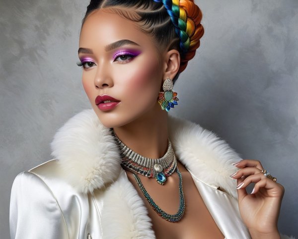Vibrant Woman with Rainbow Braids and Glamorous Style