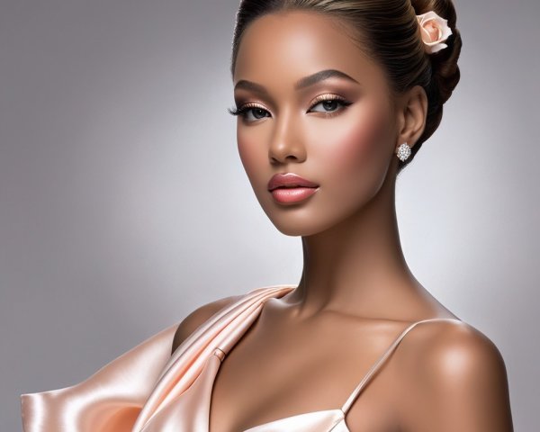 Elegant Woman in Off-Shoulder Satin Gown and Updo