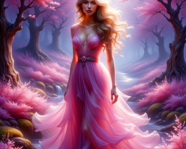 Young woman in a magical forest with pink trees