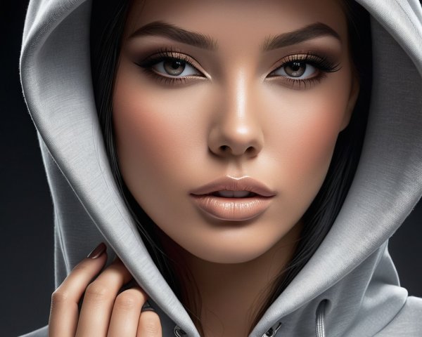 Portrait of a Young Woman in Light Gray Hoodie