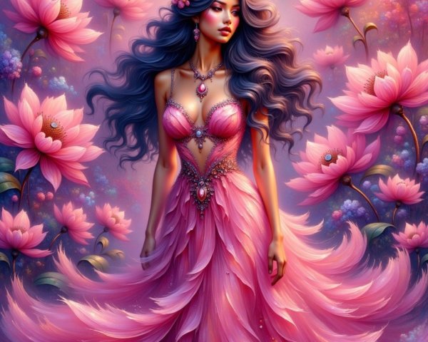 Woman in Pink Gown Surrounded by Blooming Lotus Flowers