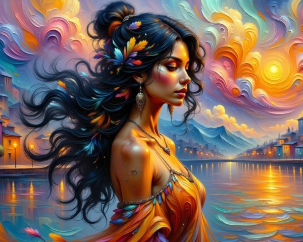 Woman with Dark Hair and Autumn Leaves by Vibrant Lake