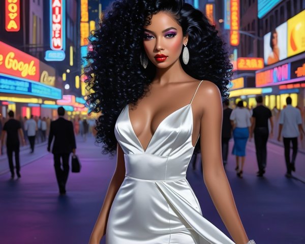 Glamorous Woman in Elegant Gown on City Street at Night