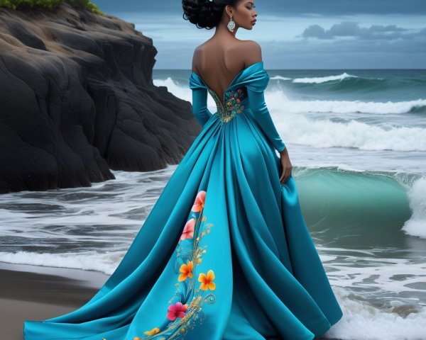 Elegant Woman in Turquoise Gown on Beach at Sunset