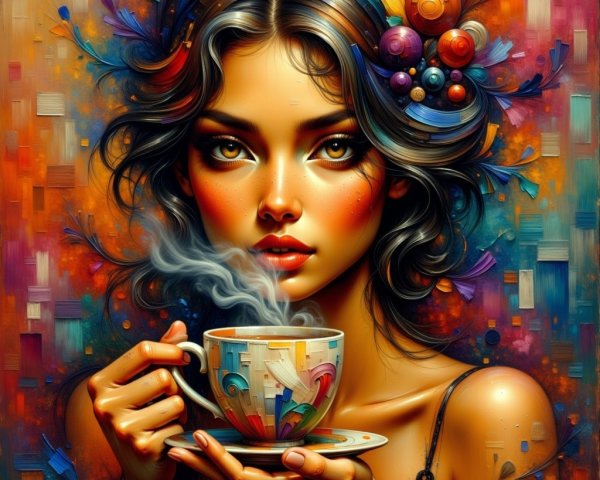 Vibrant Portrait of a Young Woman with Teacup