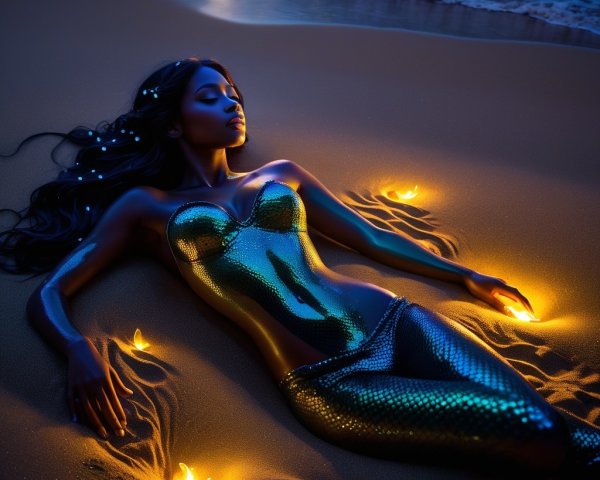 Mermaid on Beach with Illuminated Flowers at Twilight
