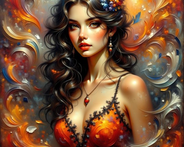 Young Woman in Orange Dress with Floral Accessory