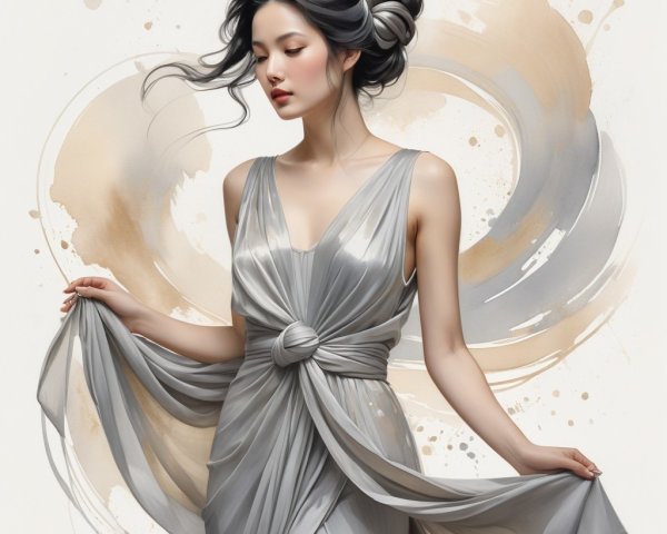 Elegant Woman in Flowing Silver Gown with Soft Waves