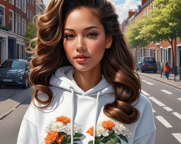 Young woman in floral hoodie on urban street