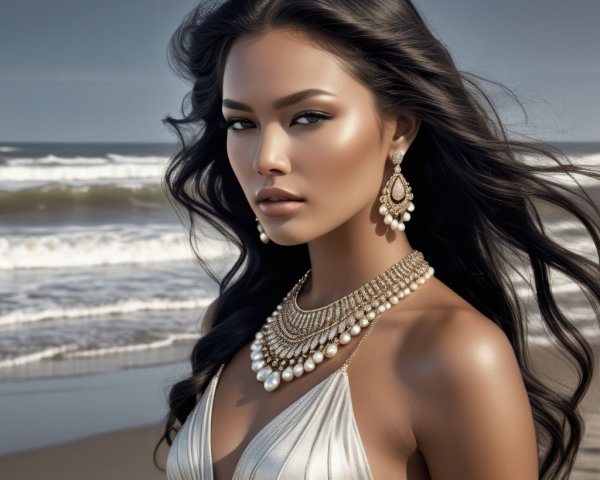 Model in Silver Dress by Serene Beach Waves