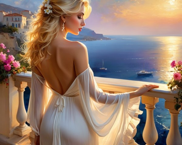 Woman in Off-Shoulder Gown at Sunset Balcony