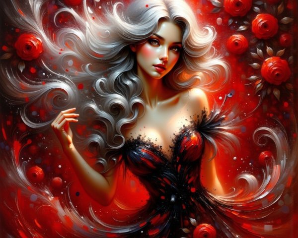 Digital Painting of a Woman in Black and Red Gown