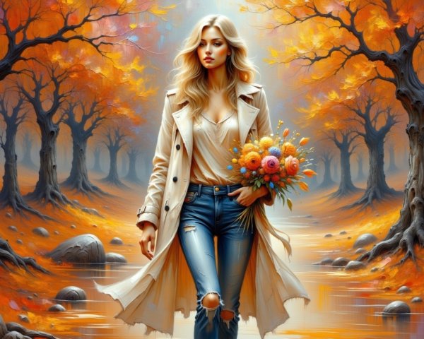 Fair-Skinned Woman in Autumn Forest with Flowers