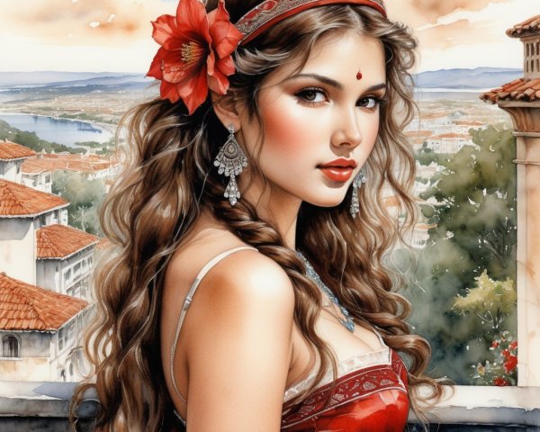 Young Woman in Red Attire Over Scenic Landscape