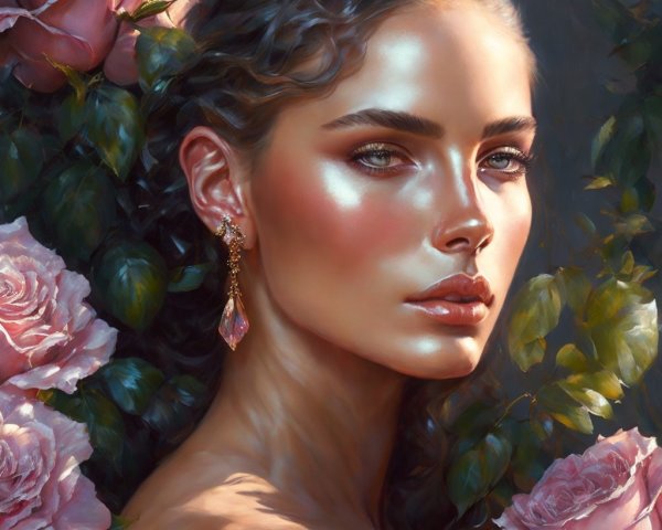 Ethereal Woman with Glowing Skin and Pink Roses