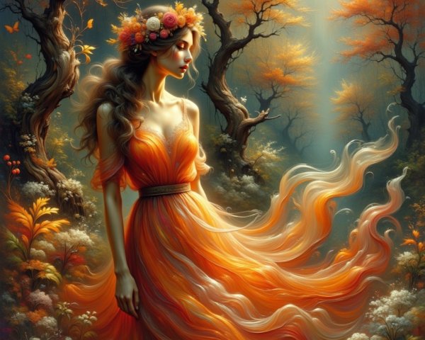 Woman in Orange Dress in Enchanted Autumn Forest