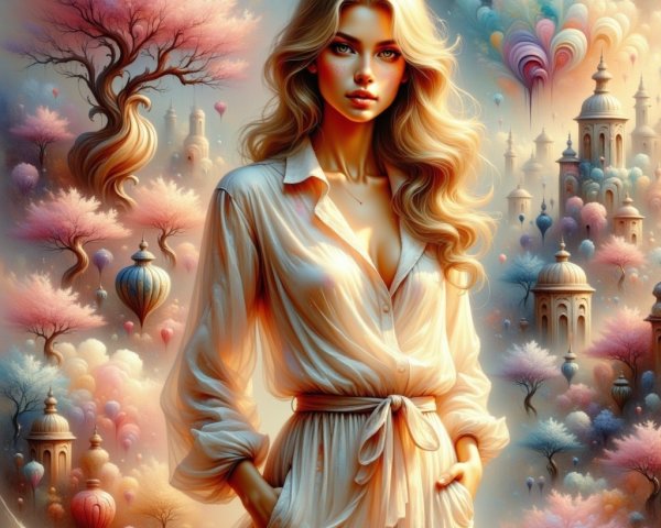 Blonde Woman in Fantasy World with Whimsical Elements
