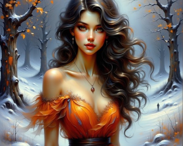 Elegant Woman in Orange Gown in Winter Forest
