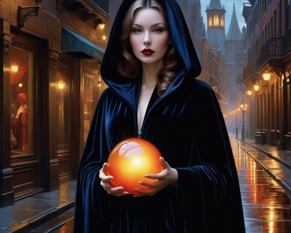 Mysterious Figure in Cloak on Cobblestone Street