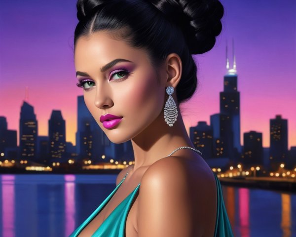 Glamorous Woman in Teal Gown Against City Skyline