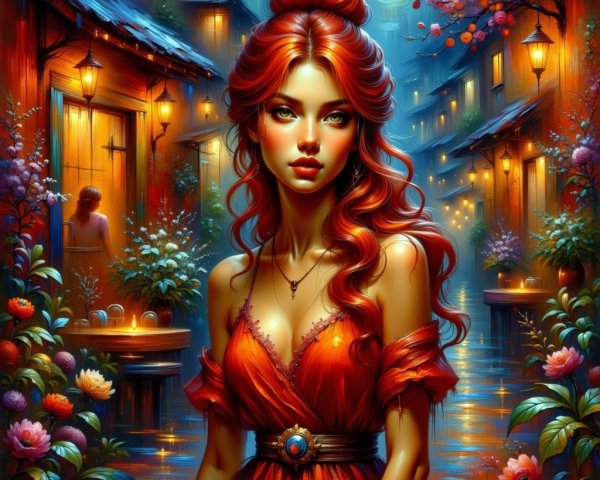 Vibrant Moonlit Street with a Confident Young Woman