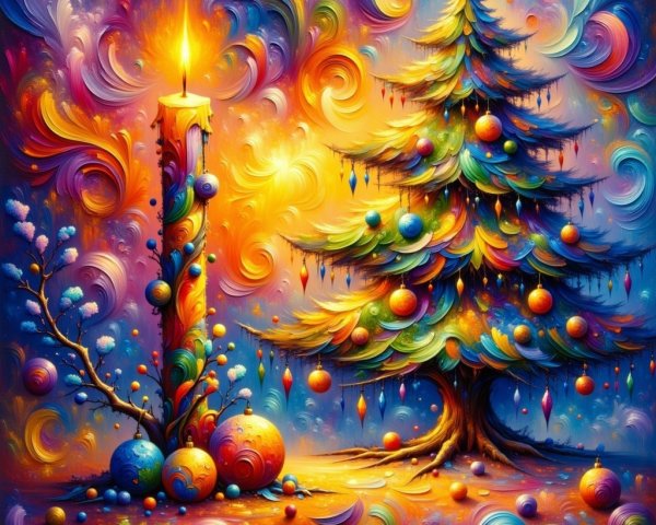Festive Holiday Scene with Colorful Candle and Tree