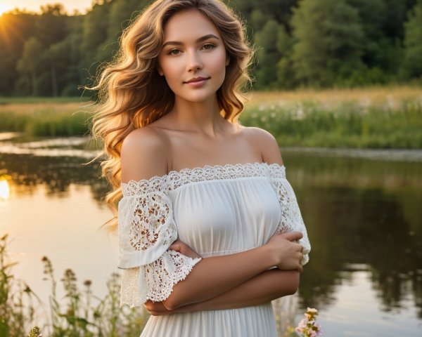 Young Woman by River in Golden Sunset Light