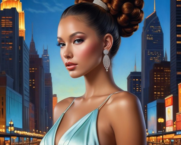 Glamorous Woman in Turquoise Dress Against City Skyline