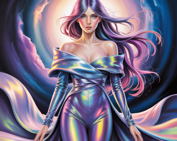 Cosmic Figure with Iridescent Outfit and Galaxies