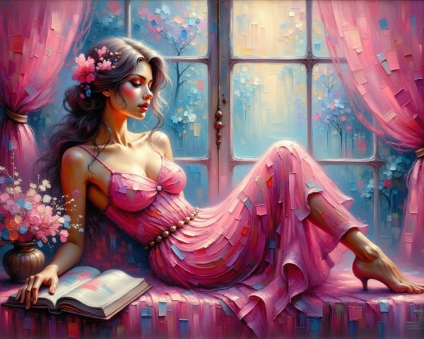 Elegant Woman in Pink Dress by a Flowered Window